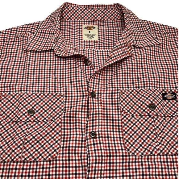 Dickies Plaid Red Black White Short Sleeve Pockets Button Up Shirt Men's Large - Picture 1 of 6